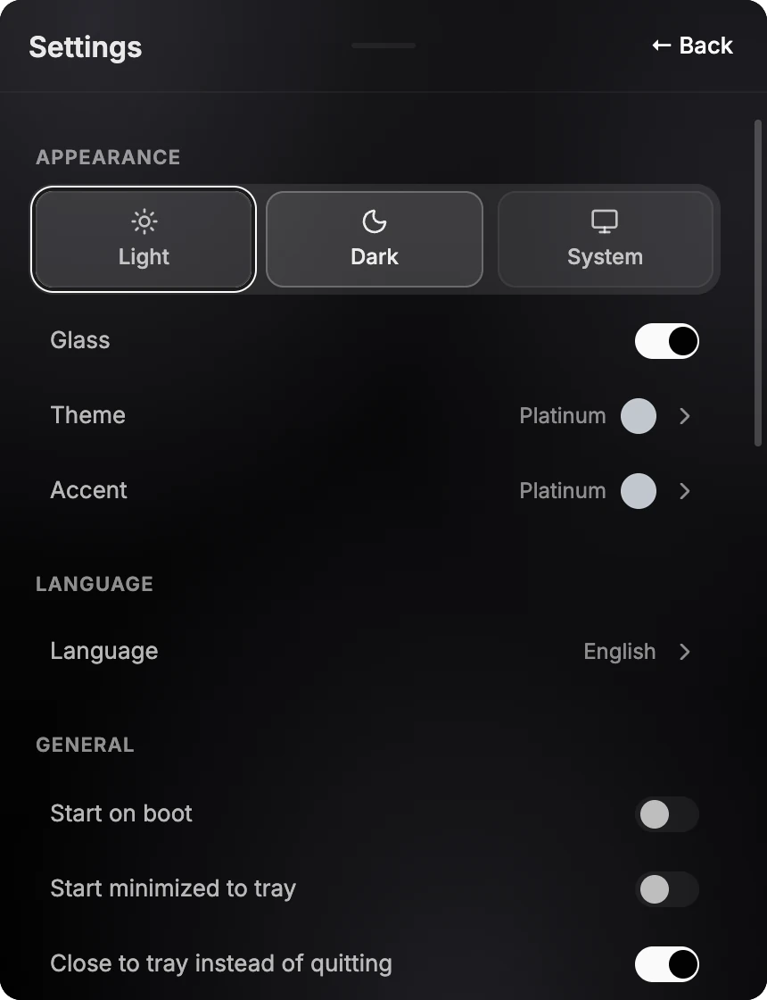 Appearance settings with Theme, Accent, and Glass