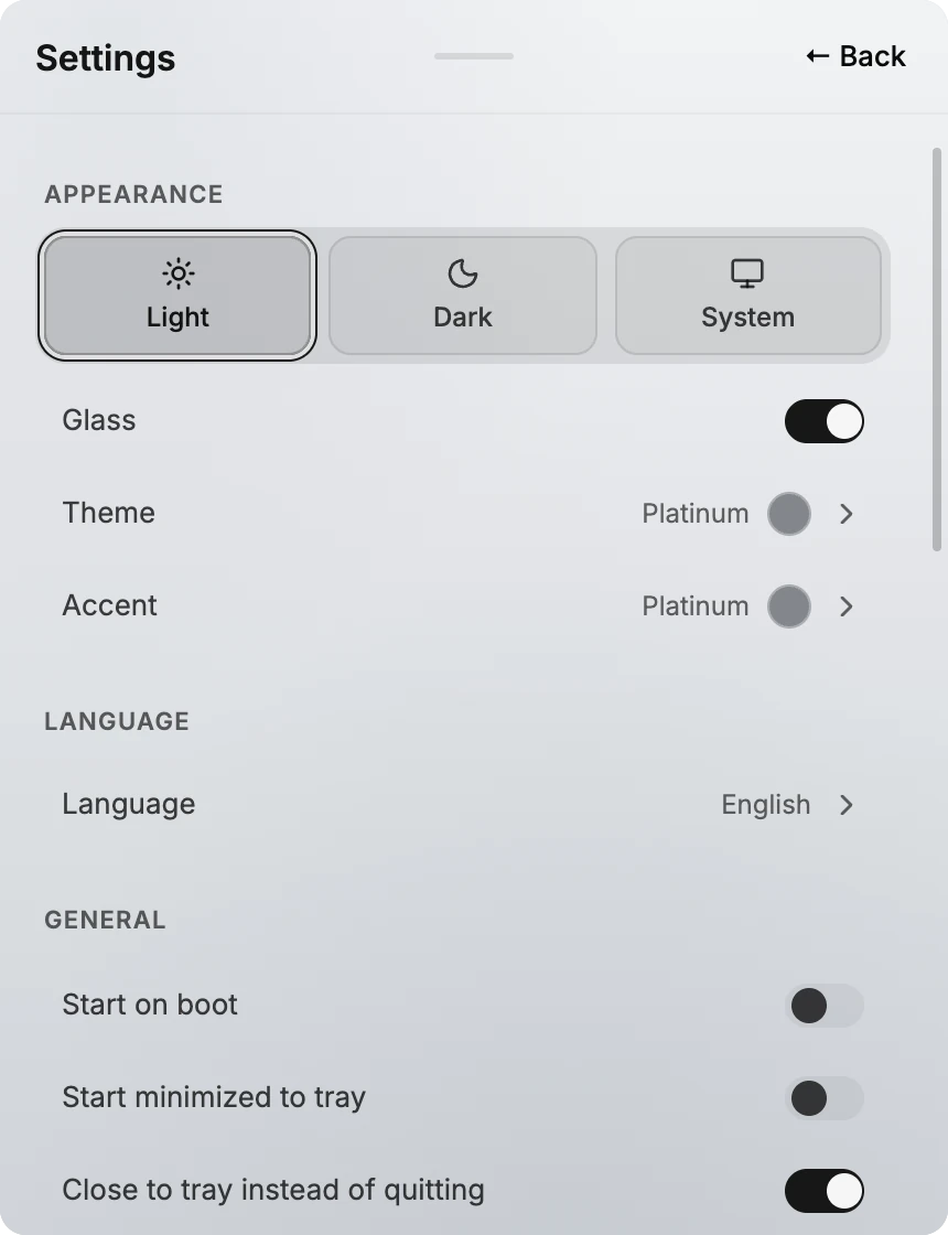 Appearance settings with Theme, Accent, and Glass